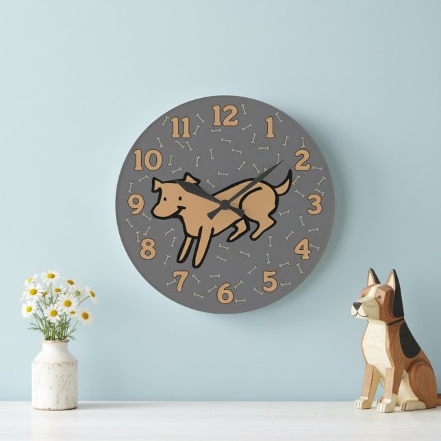 Söt hund väggklocka med stora 12 timmars siffror (Cute and whimsical playful dog wall clock for a dog lover's home.)