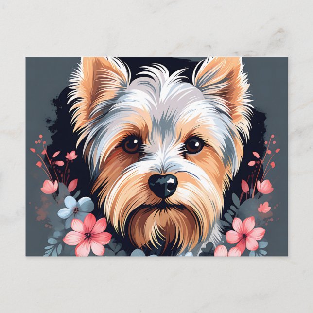 Söt Hund Yorkshireterrier Blommor Vykort (Framsida)