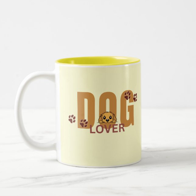 Söt hundälskare kikande valp & tass kaffemugg (Vänster)