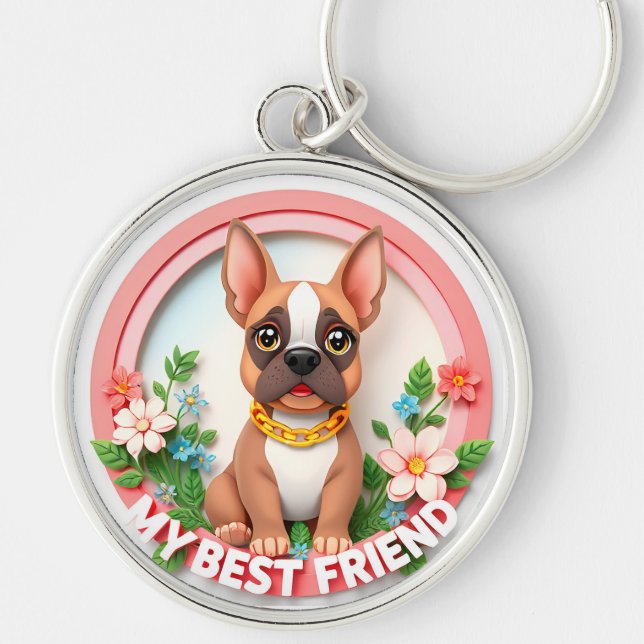 Söt Hundillustration Med Blommor Rund Silverfärgad Nyckelring (Framsidan)