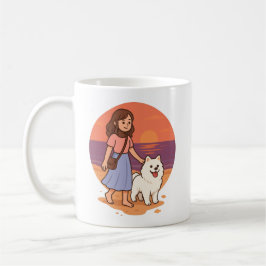 Söt hundmamma som går med fluffig valp på solnedgå kaffemugg