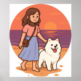 Söt hundmamma som går med fluffig valp på solnedgå poster