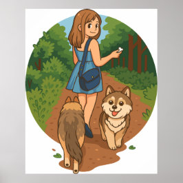 Söt hundmamma som går valpar på skogspromenad Illu Poster