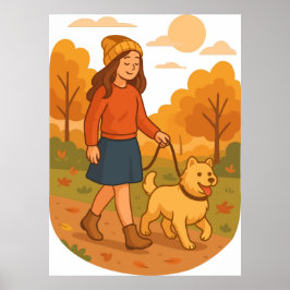 Söt hundmamma som går valpen i mysig skog poster