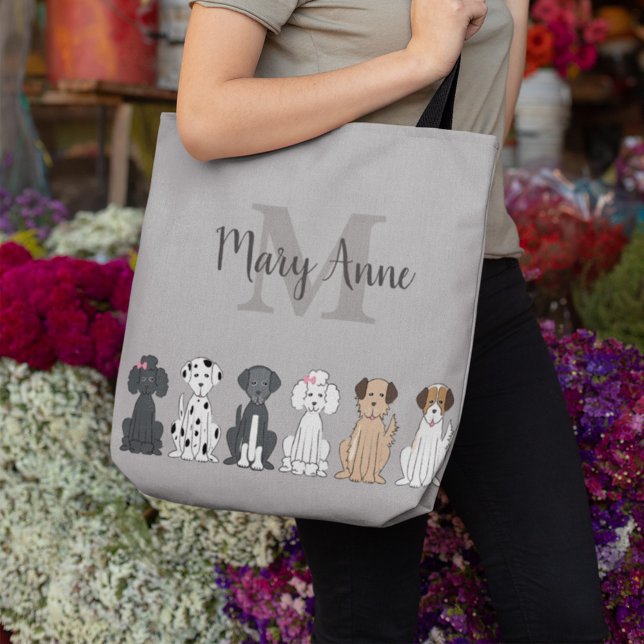Söt hundmönster-monogram-personlig älskare av husd tygkasse (Cute dog breed pattern tote bag featuring playful cartoon puppies in a repeating design for pet love)