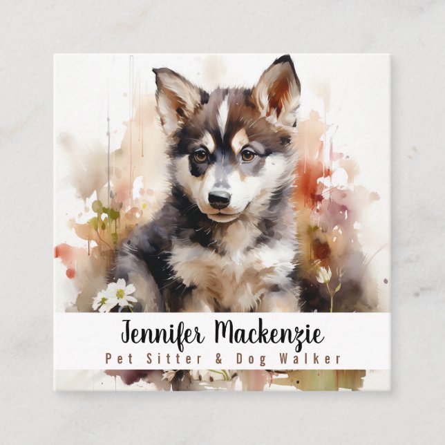 Söt hundpetsitter och hundpromenerare fyrkantigt visitkort (Framsida)