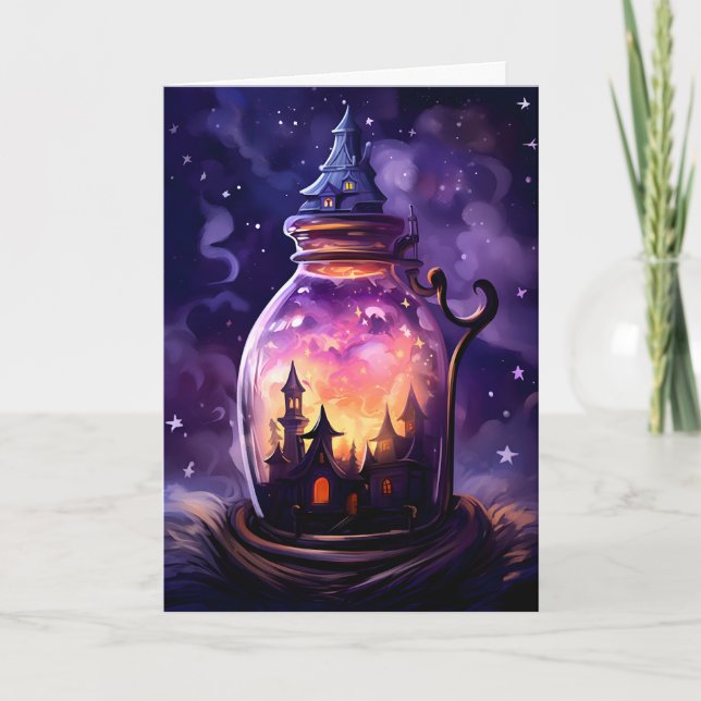Söt husillustration i glasburk Halloween Kort (Framsida)