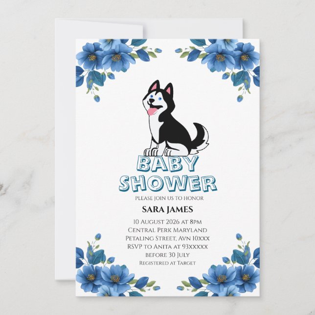 Söt Husky Hund Blommig Baby Shower Inbjudan (Framsida)