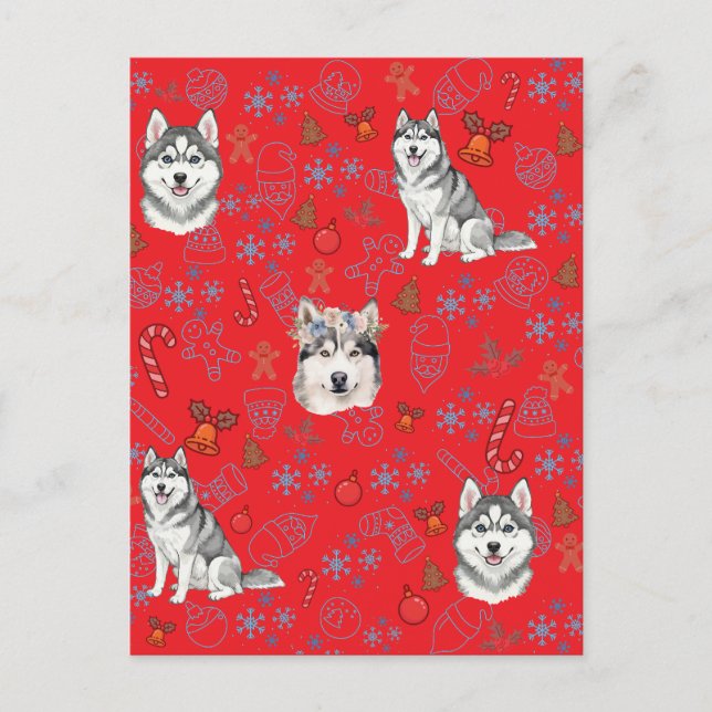 Söt Husky Hund Jul Vinter Sömlös Mönster  Vykort (Framsida)