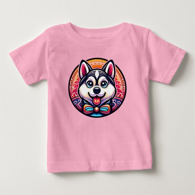 Söt Husky Illustrerad i Mandala-stil T Shirt (Framsida)