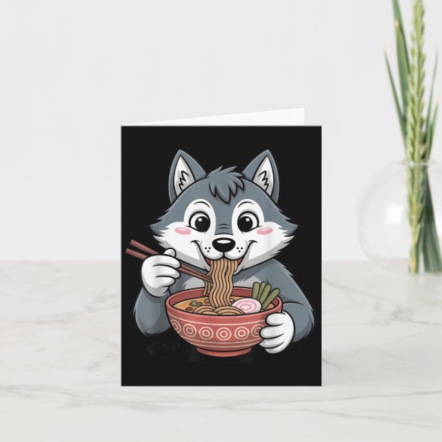 Söt Husky som äter Ramen Japansk Kawaii Hund Nudel Kort (Framsida)
