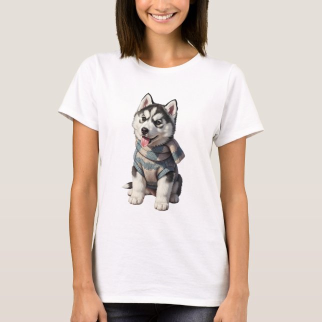 Söt Husky-valp i vintersvettare T Shirt (Framsida)