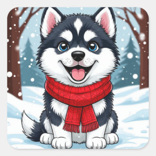 Söt Husky-valp som sitter i snöig vinterscen Fyrkantigt Klistermärke