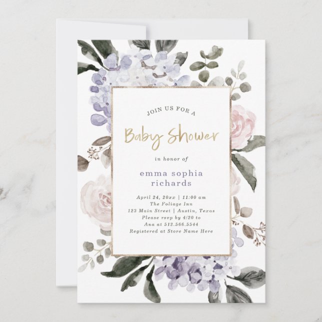 Söt Hydrangea Flowers och Guld| Babyskor Inbjudningar (Framsida)