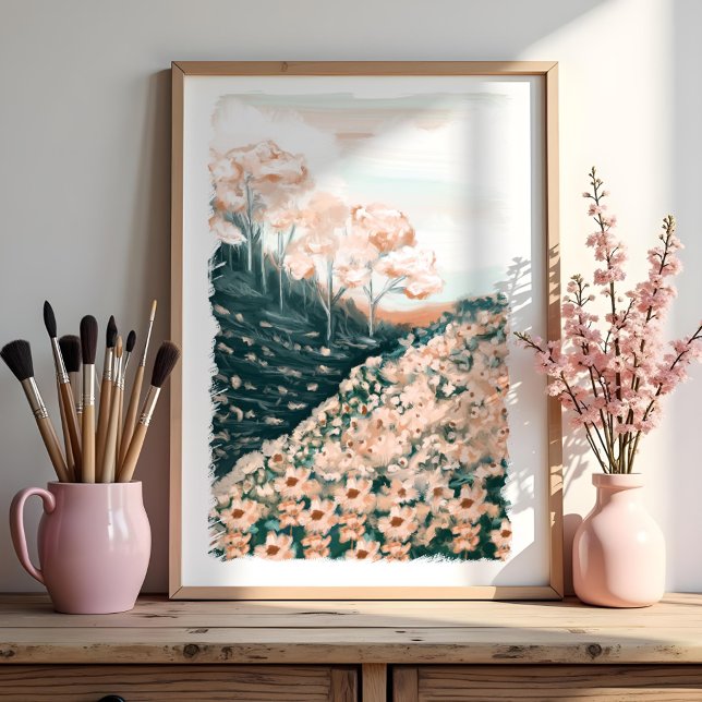 Söt i Blommigtens beteslandskap Poster (Pretty In Prink Floral Meadow Landscape Scenery Poster)