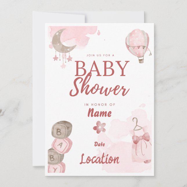 Söt i inbjudan till Rosa Baby Shower (Framsida)