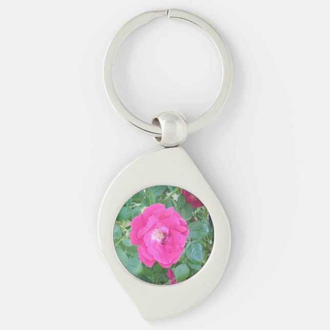 Söt i Rosa blomma Swirl Silverfärgad Nyckelring (Framsidan)