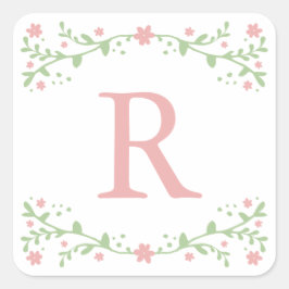 Söt i Rosa Blommigt Monogram Stickers Fyrkantigt Klistermärke