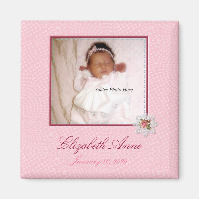 Söt i Rosa Girly Foto Birth Notice Magnet (Framsidan)