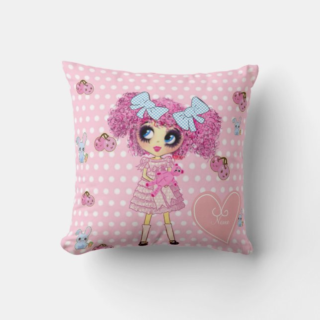 Söt i Rosa Kawaii Girl PinkyP Kudde (Framsida)