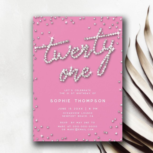 Söt i Rosa Rhinestones Elegant 21 födelsedag Inbjudningar (pretty in pink rhinestones 21st birthday invite for girls elegant modern simple classy invitation)