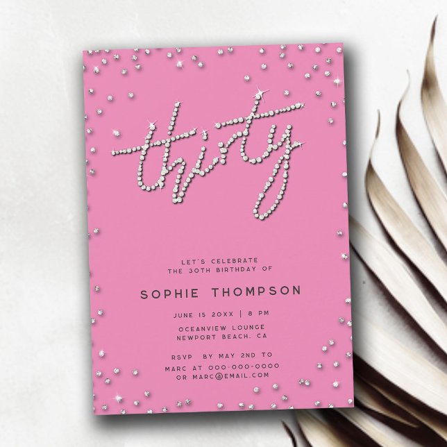 Söt i Rosa Rhinestones Elegant 30års födelsedag Inbjudningar (pretty in pink rhinestones 30th birthday for women invitation elegant modern simple glitter feminine)