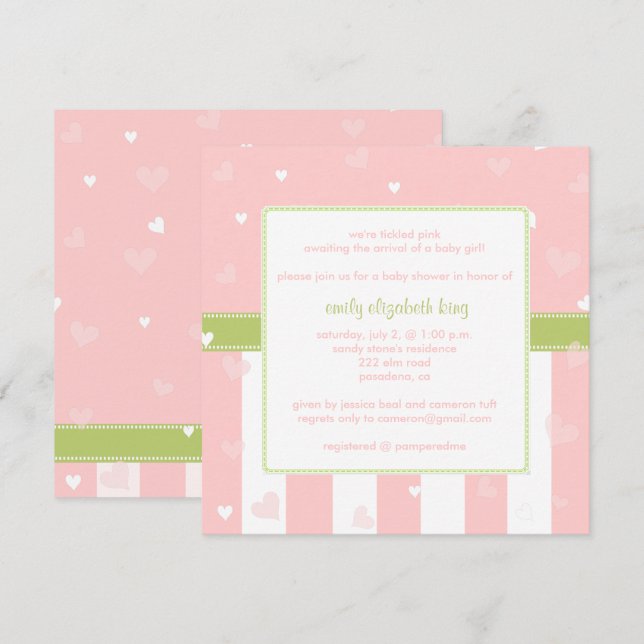 Söt i rosa små hjärtan baby shower inbjudningar (Fram/baksida)