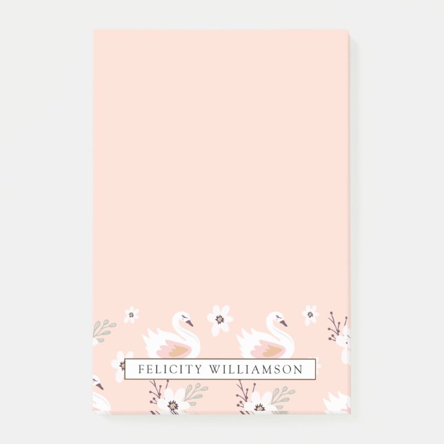 Söt i rosa svan & blommönster post-it block (Framsida)