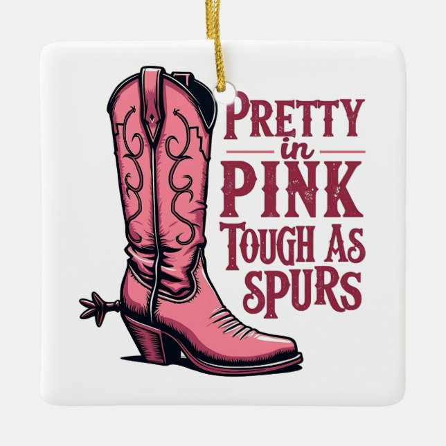Söt i Rosa Tuff som Spurs Cowgirl Boot Western Julgransprydnad Keramik (Framsida)
