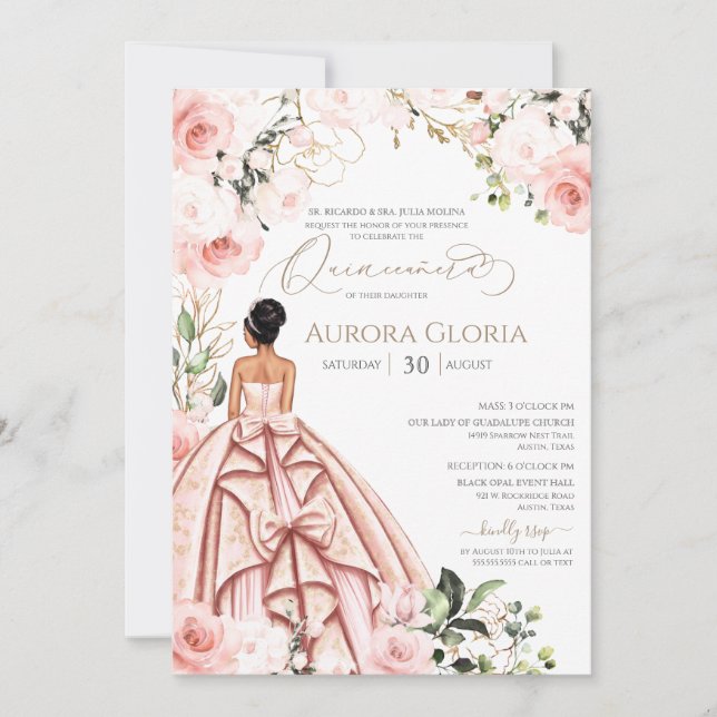 Söt i Rosa Vacker Gown  Quinceanera Inbjudningar (Framsida)