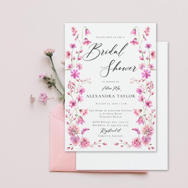 Söt i Rosa Wildblomma Boho Ram Möhippa Inbjudningar (pretty in pink wildflowers boho frame bridal shower invitation elegant rustic romantic feminine)