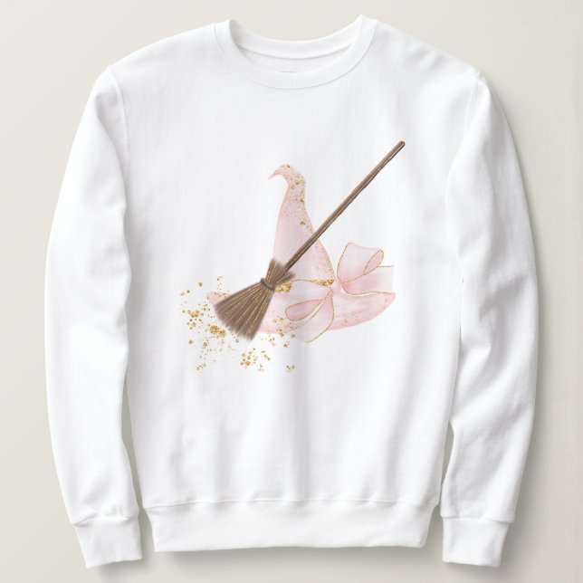 Söt i Rosa Witch Hat and Broom, Sweatshirt T Shirt (Design framsida)