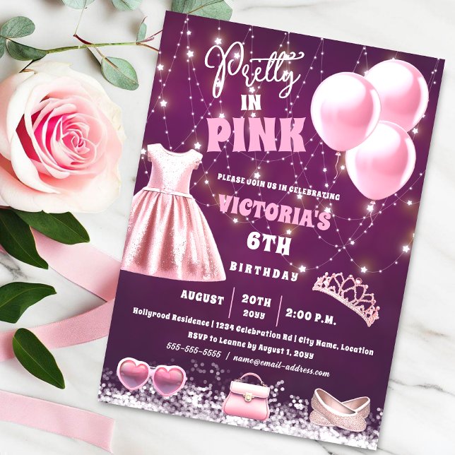 SÖT i ROSANS FÖDELSEDAGSFEST Inbjudningar (Pretty in pink young girl's birthday party invitation with girly pink fashion and accessories.)