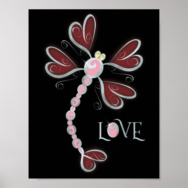 Söt i silver med hjärtvingad Dragonfly "Kärlek" Poster (Framsidan)