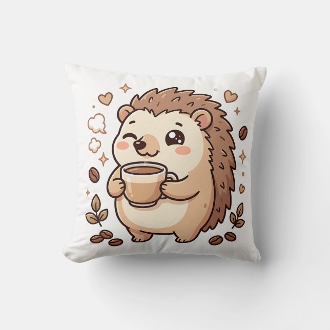 Söt Igelkott Kaffe Kawaii Kudd Kudde (Framsida)
