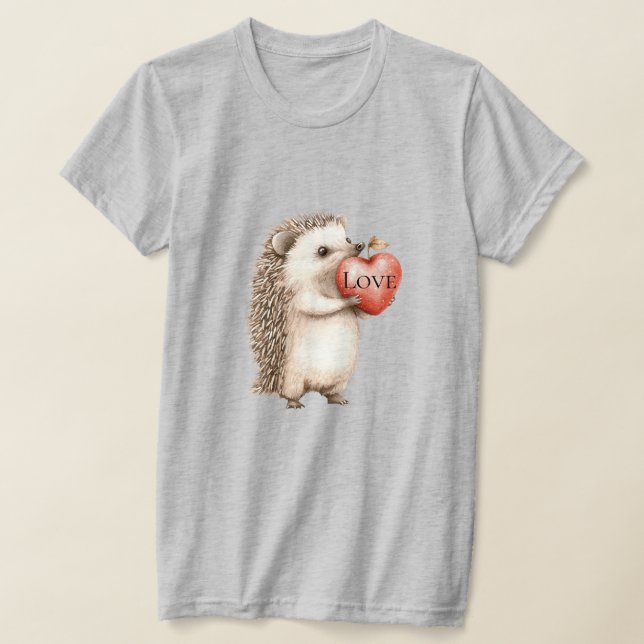 Söt Igelkott med Rött Hjärta Kärlek T Shirt (Laydown)