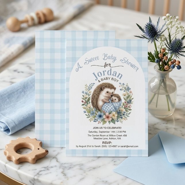 Söt Igelkott Söt Baby Shower Blå Gingham Inbjudningar (Skapare uppladdad)