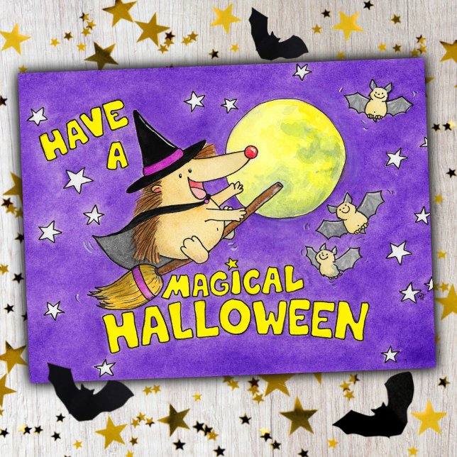 Söt Igelkottshäxa Magisk Halloween Vykort (Skapare uppladdad)