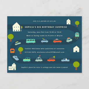 Söt Illustrated Car Birthday Parad-inbjudan Vykort