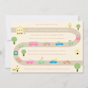 Söt Illustrated Car Birthday Parad Inbjudningar