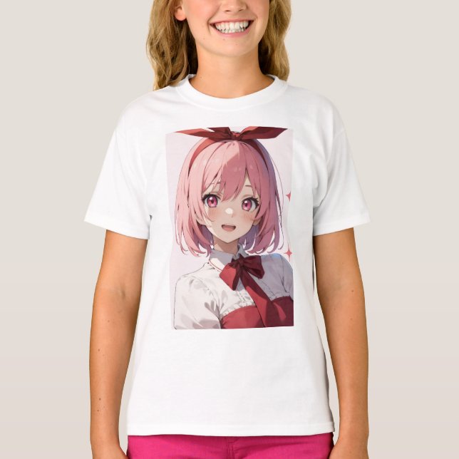 Söt illustration av animeflicka med rosa hår t shirt (Framsida)