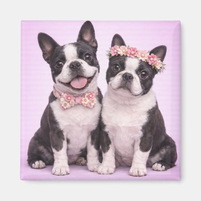 Söt illustration av Boston Terrier-koppel för Alla Magnet (Framsidan)