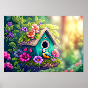 Söt illustration av fågelskådares fågelhus poster