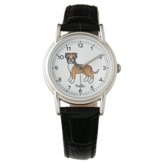 Söt illustration av fawn Boxer Hund & Anpassat Nam Armbandsur (Framsida)