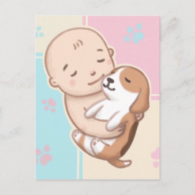 Söt illustration av hund & bebis konst vykort (Framsida)