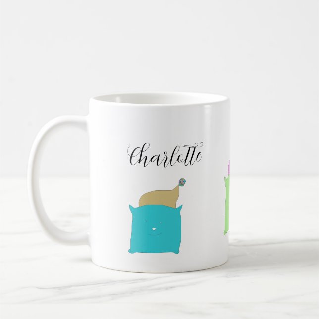 Söt illustration av kuddkatter med monogram kaffemugg (Vänster)