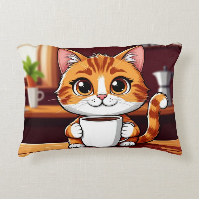 Söt illustration av orange tabbykatt med kopp prydnadskudde (Framsidan)