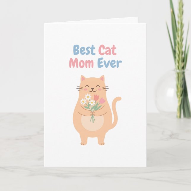 Söt illustration av persikat katt som håller blomm kort (Framsida)