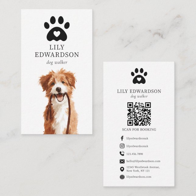 Söt illustration Husdjurs Hundpromenerare Fotavtry Visitkort (Fram/baksida)