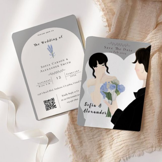 Söt illustration med QR-kod RSVP-bröllop Inbjudningar (wedding card)